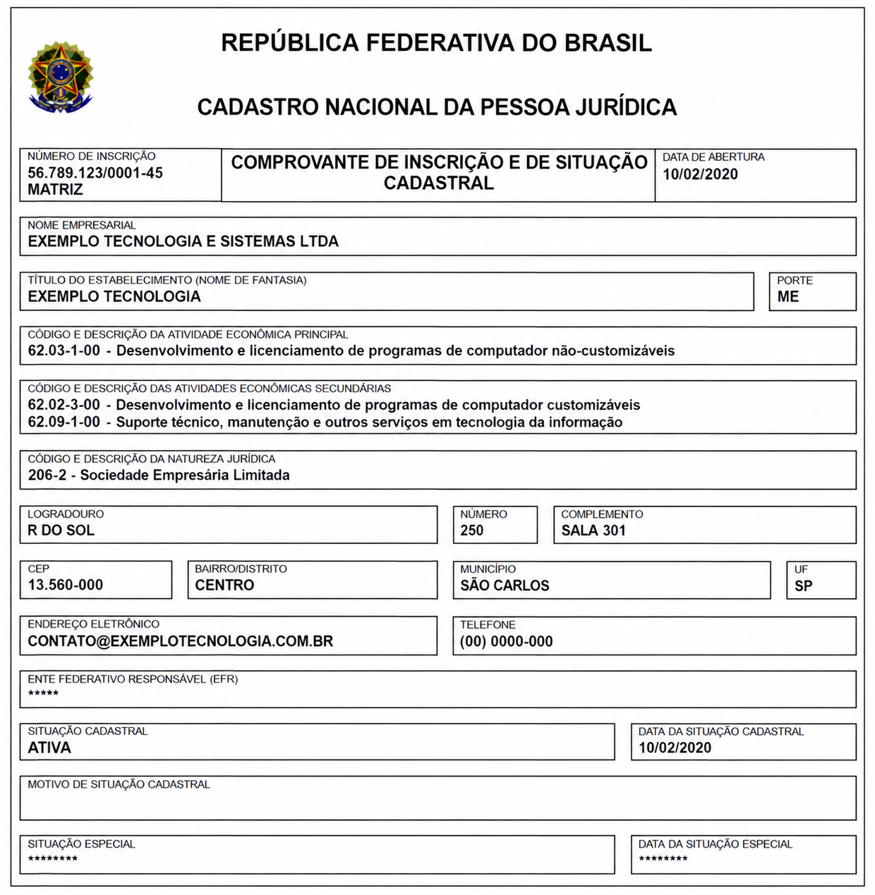 Resultado da consulta de CNPJ na Receita Federal