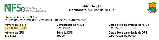 Local do número da nota fiscal no DANFSe