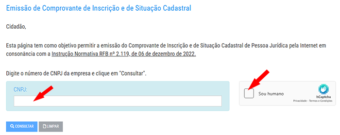 Tela para consultar CNPJ grátis na Receita Federal