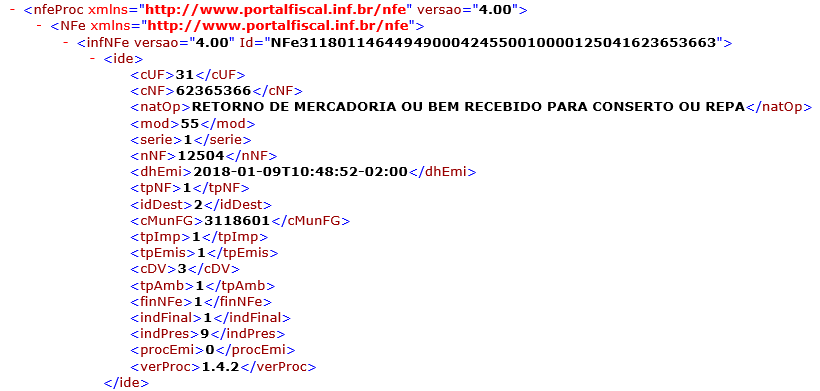 XML NF-e trecho estrutura